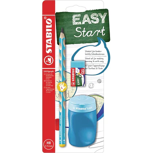 Stabilo Easygraph Pack con Lapiz de Grafito + Sacapuntas con Deposito + Goma de Borrar - Mina HB de 3.15mm - Diseño Ergonomico - Uso Zurdo - Color Azu