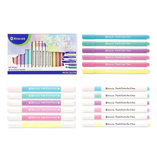 Bismark Pastel Pack Escolar de Escritura con 6 Marcadores Doble Punta Biselada 4mm y Fina 1mm, 6 Rotuladores Punta Fina 0.5mm y 6 Boligrafos Punta Col