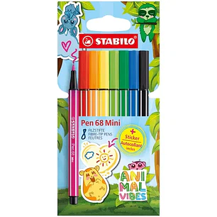 Stabilo Pen 68 Mini Animal Vibes Pack con 8 Rotuladores - Punta de Fibra - Incluye 5 Pegatinas Personalizables - Trazo de 1mm aprox. - Tinta a Base de