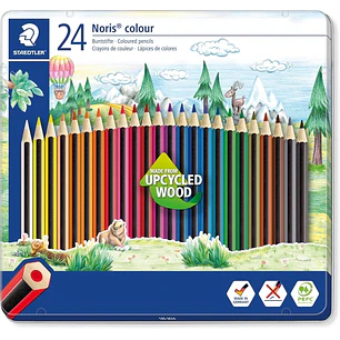 Staedtler Noris Colour 185 Caja Metalica con 24 Lapices Hexagonales de Colores - Fabricados en Wopex - Muy Resistentes - Madera de Fuentes Sostenibles