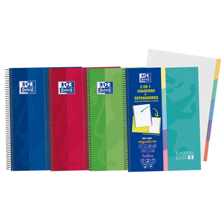 Oxford School Classic A4+ Europeanbook - Tapa Extradura Resistente - 100 Hojas Cuadriculadas 5x5 - 5 Pestañas Troqueladas - Colores Surtidos 1