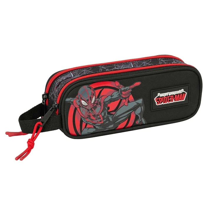 Safta Miles Morales Portatodo - 2 Compartimentos con Cremalleras - Asa Lateral - 1L - 210x60x80mm - Color Negro y Rojo 1