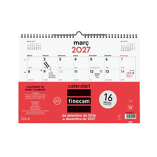 Finocam Neutro Calendario de Pared en Catalan - 16 Meses - Mes Vista - Formato L - 340x240mm - Espiral Doble Metalica - Papel de 120g/m2 - Listado de 
