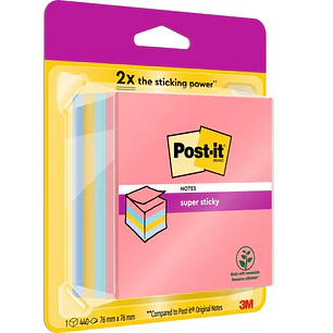 Post-It Super Sticky Cubo de 400 Notas Adhesivas Reposicionables - Colores Arcoiris - 76x76mm - Colores Surtidos