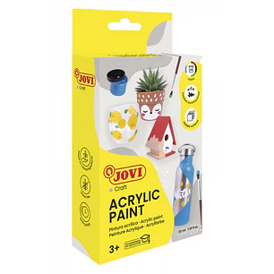 Jovi Pintura Acrilica Estuche con 6 Botes + Pincel - Acabado Satinado - Alto Poder Cubriente - Aplicacion Facil - Resistente al Agua y Jabon - Color S