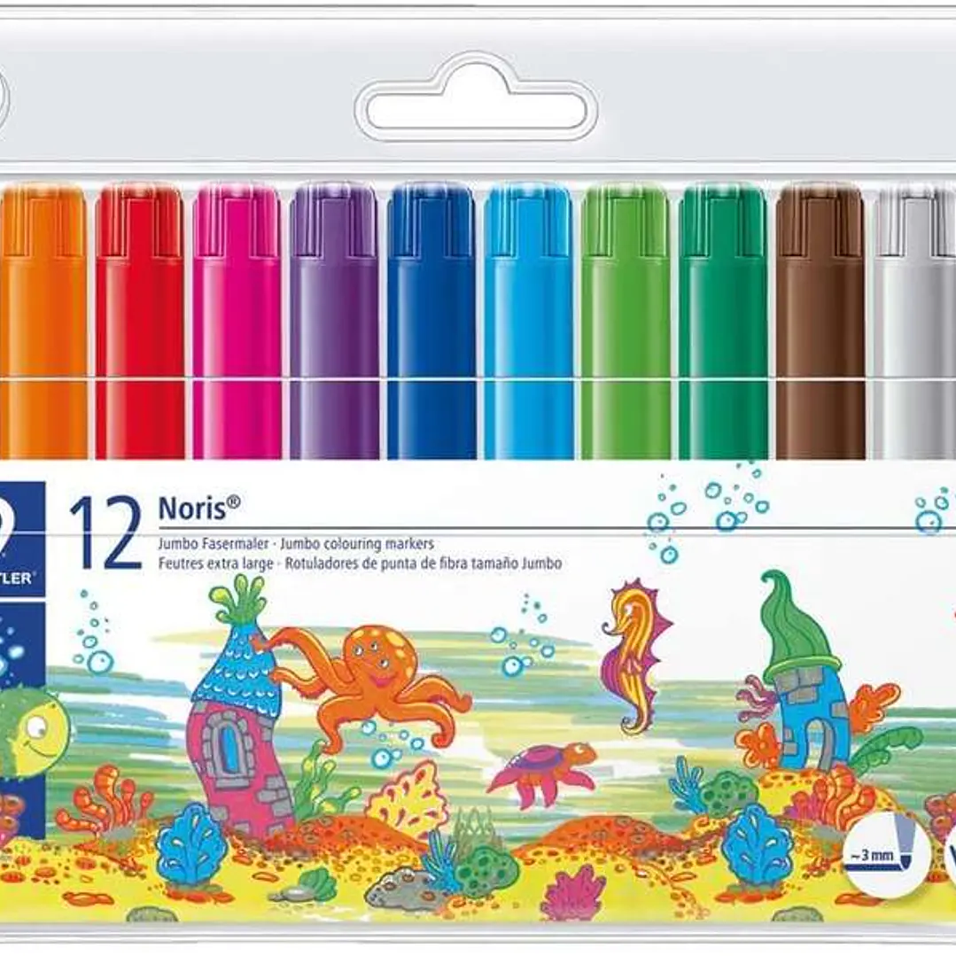 Staedtler Noris 340 Pack de 12 Rotuladores de Gran Tamaño - Trazo 3mm Aprox - Lavable Facilmente - Tinta Base de Agua - Colores Surtidos 1
