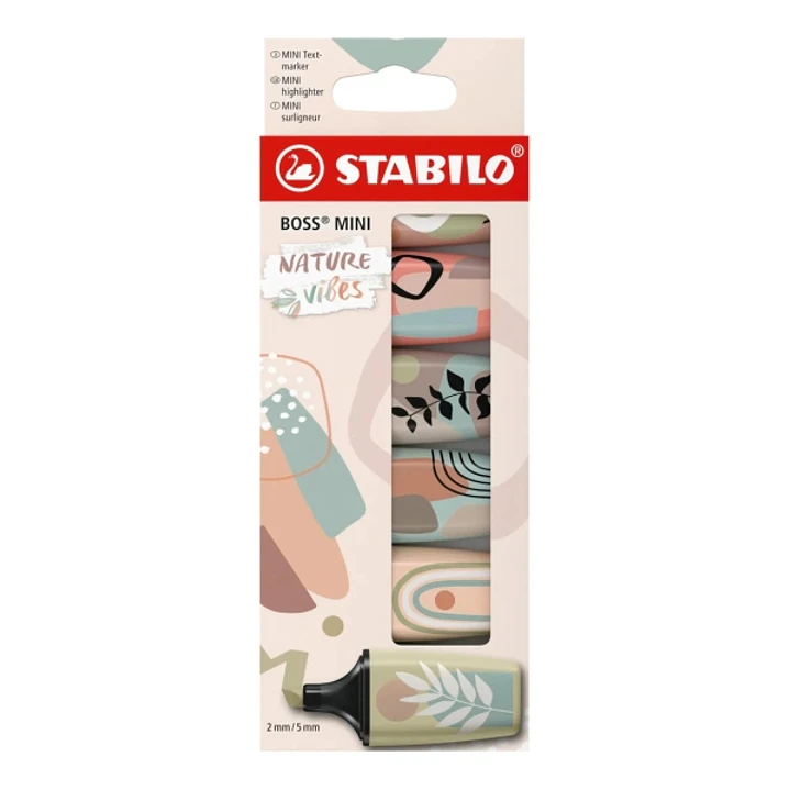 Stabilo Boss Mini Naturevibes Pack de 6 Marcadores Fluorescentes - Trazo entre 2 y 5mm - Tinta con Base de Agua - Antisecado - Colores Verde Barro, Ve 1