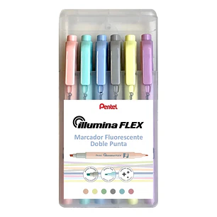 Pentel Illumina Flex Pack de 6 Marcadores Fluorescentes Doble Punta - Biselada Trazo entre 1.5 a 3.5mm - Conica Trazo 1mm - Colores  Amarillo, Gris, M