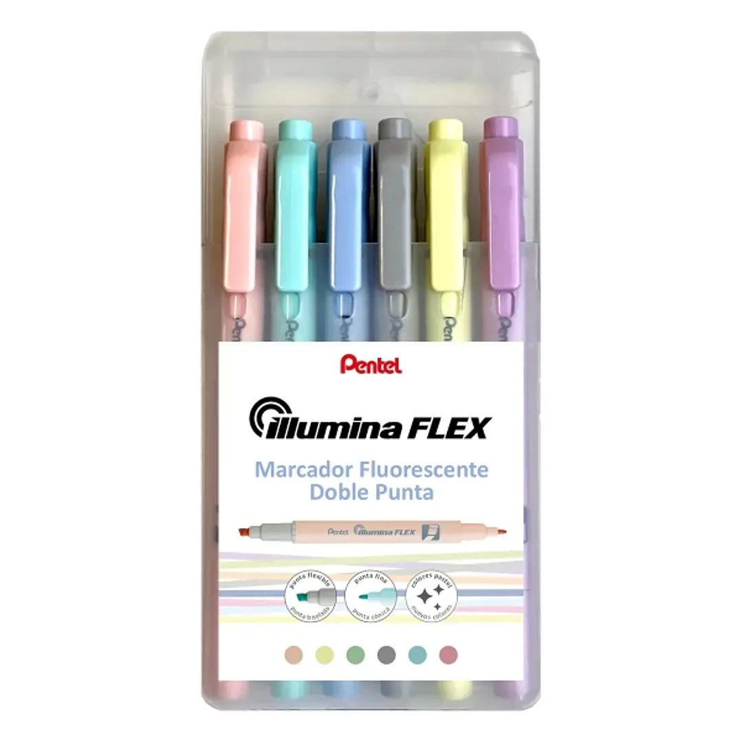 Pentel Illumina Flex Pack de 6 Marcadores Fluorescentes Doble Punta - Biselada Trazo entre 1.5 a 3.5mm - Conica Trazo 1mm - Colores  Amarillo, Gris, M 1