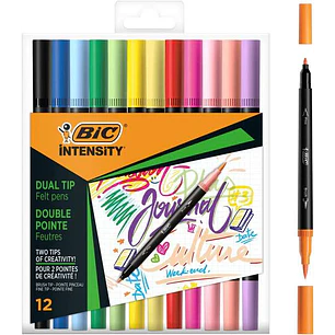 Bic Intensity Dual Tip Pack de 12 Rotuladores Doble Punta - Punta de Pincel + Punta Fina - Tinta con Base de Agua - Colores Clasicos y Pastel Surtidos