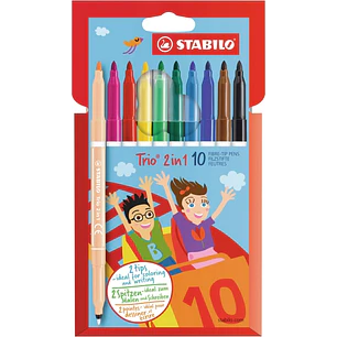 Stabilo Trio 2 en 1 Pack con 10 Rotuladores de Doble Punta - Punta Fina 0,5mm y Punta Ancha 2mm - Tinta Lavable - Zona de Agarre Triangular - Colores 