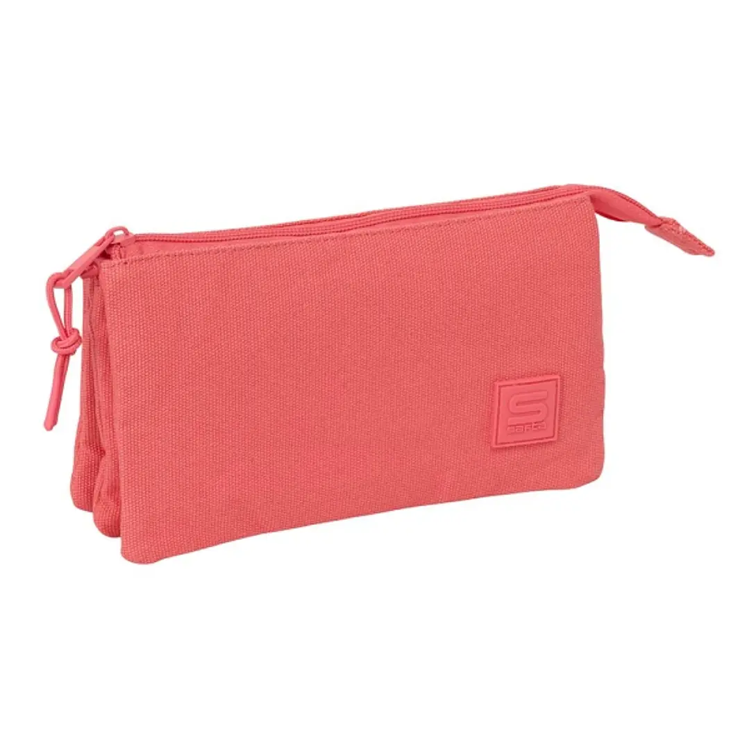 Safta Basic Marsala Portatodo - 3 Compartimentos con Cremallera - Bolsillo Interior Central - 22x12x3cm - Color Coral 1