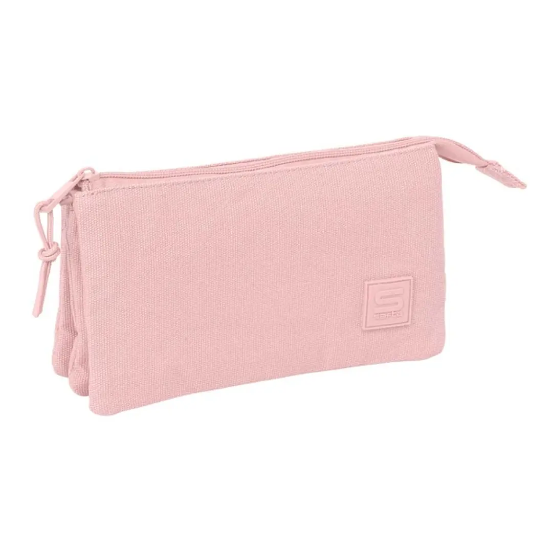 Safta Basic Portatodo - 3 Compartimentos con Cremallera - Bolsillo Interior Central - 22x12x3cm - Color Rosa 1