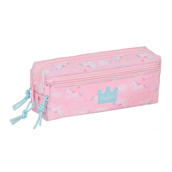 Safta Glowlab Kids Portatodo - 3 Compartimentos con Cremalleras - Goma Elastica - 0.98L - 220x60x85mm - Color Rosa 1