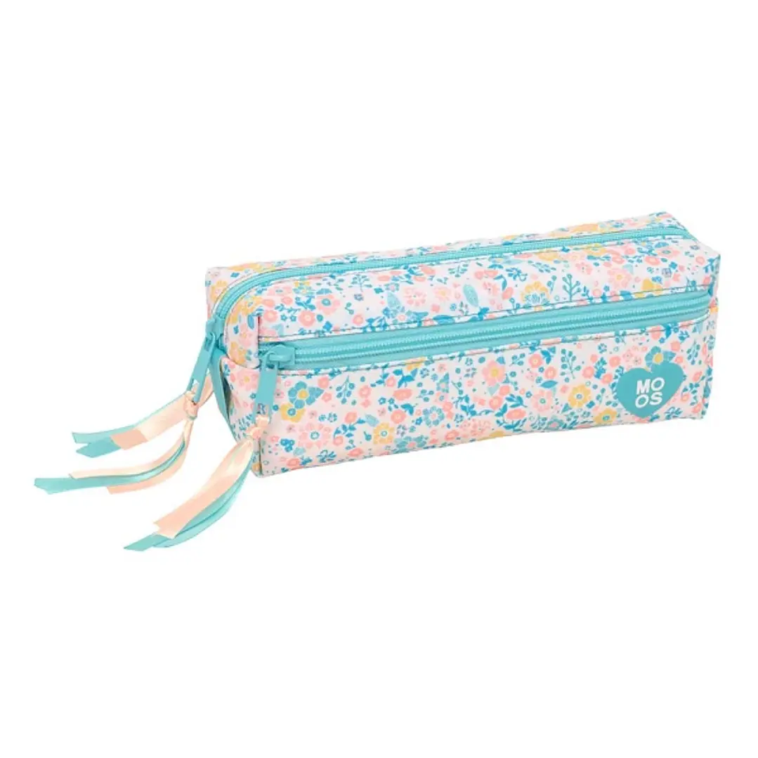Safta Moos Fiori Portatodo - 3 Compartimentos con Cremalleras - Goma Elastica - Material Reciclado - 0.98L - 220x60x85mm - Color Azul Claro 1