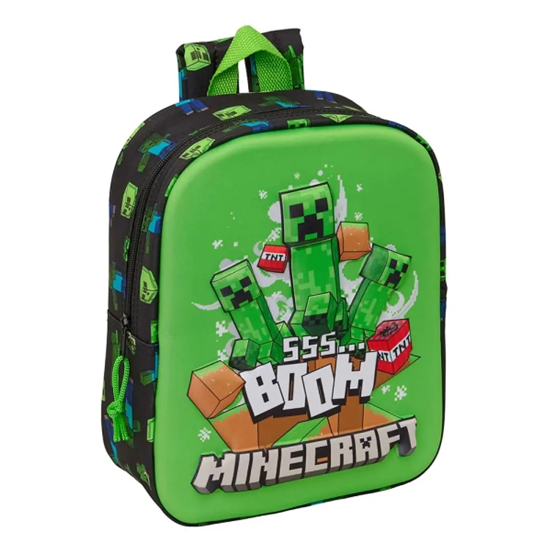 Safta Minecraft Boom Mochila Guarderia 3D - 6L - Cremallera - Asa de Mano - 22x27x10cm - Color Verde y Negro 1
