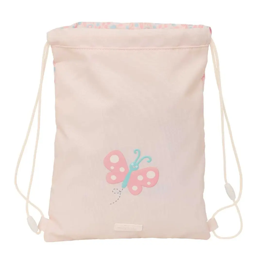 Safta Mariposa Saco Plano - Bolsillo con Cremallera - Cierre con Cordones - 3L - 260x10x340mm - Color Rosa Pastel 1
