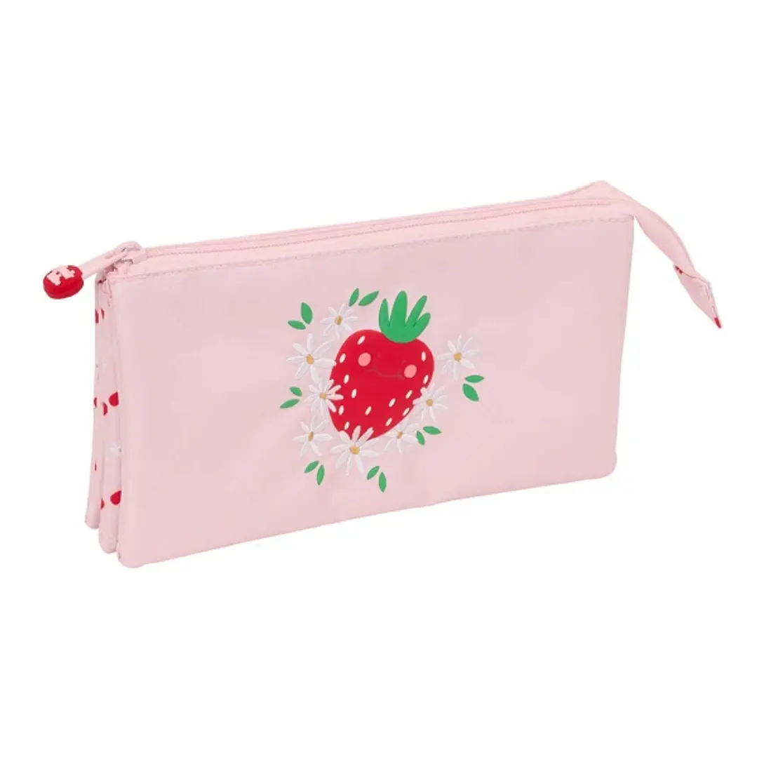 Safta Glowlab Frutitas Portatodo - 3 Compartimentos con Cremalleras - Bolsillo Interior - 0.6L - 220x30x120mm - Color Rosa 1