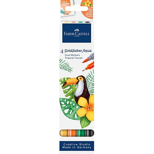 Faber-Castell Tropical Escapes Pack con 4 Rotuladores Goldfaber Doble Punta - Punta Pincel y Punta Fina 0.6mm- Solubles en Agua, Inodoros, Sin Acido y