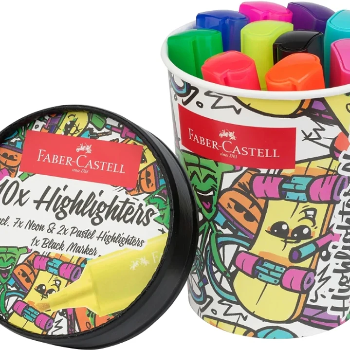 Faber-Castell Textliner 46 Neon Pack de 10 Marcadores Fluorescentes - Diseño del Pack Tarrina de Helado - Punta Biselada - Trazo entre 1mm y 5mm - Tin 1