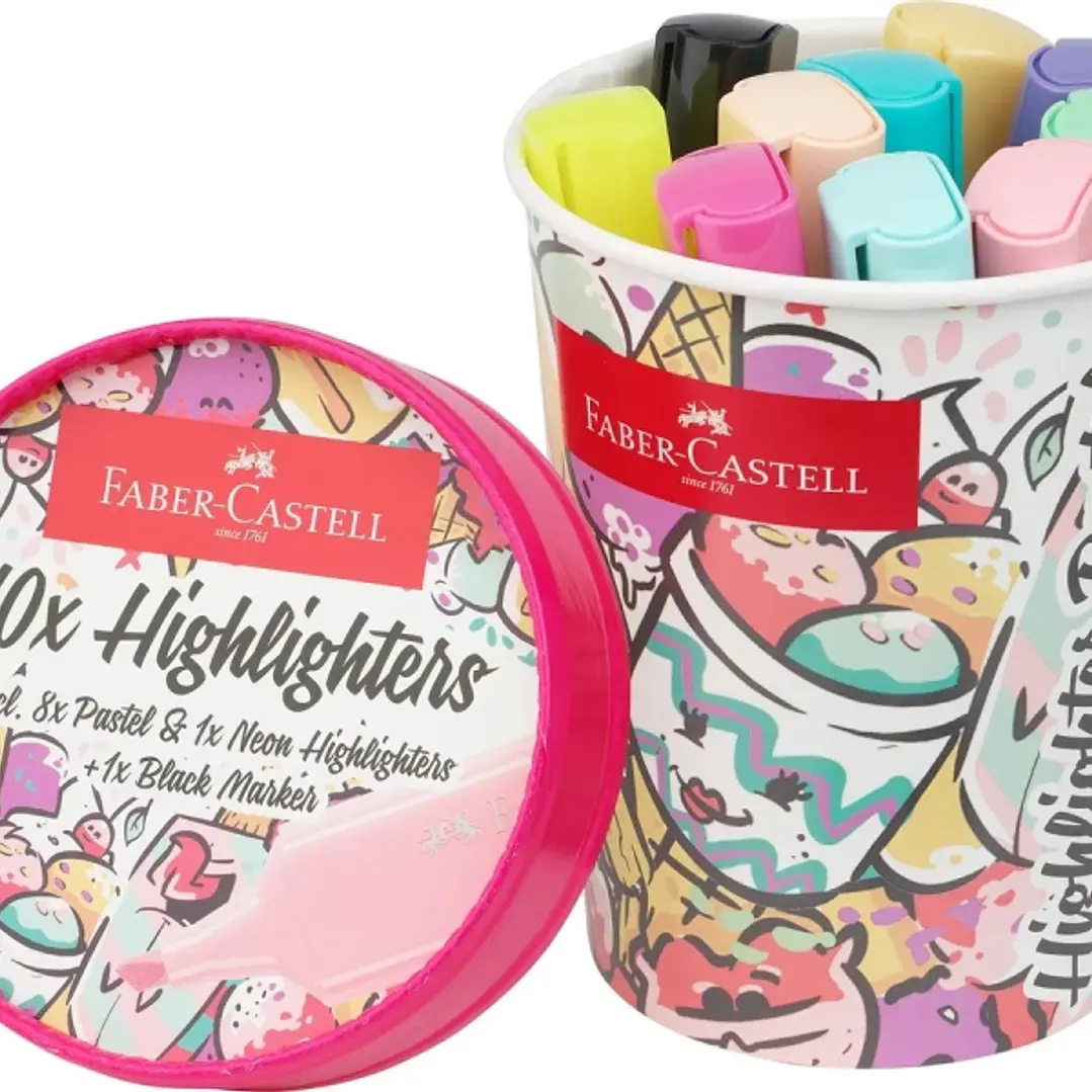 Faber-Castell Textliner 46 Pastel Pack de 10 Marcadores Fluorescentes - Diseño del Pack Tarrina de Helado - Punta Biselada - Trazo entre 1mm y 5mm - T 1
