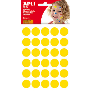Apli Bolsa de 180 Gomets Redondos Ø 20mm - Adhesivo Permanente - Desarrollo de Habilidades y Creatividad - Ideal para Escuelas Infantiles - Color Amar