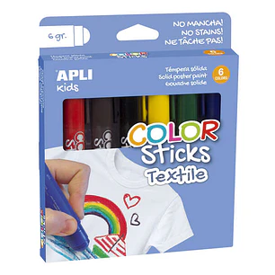 Apli Color Sticks Textil Pack de 6 Temperas Solidas 6gr para Uso en Textil - Secado al Aire en 12 Horas - Sin Disolventes - Para Niños a partir de 3 a