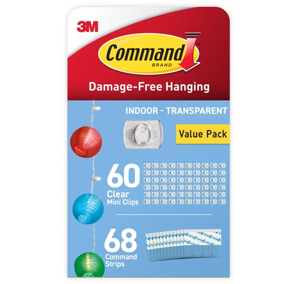 Command Clip Mini Pack de 60 Ganchos para Cable - 68 Tiras Adhesivas - Uso en Interior - Retirada Sin Deteriorar la Superficie - Color Transparente 1