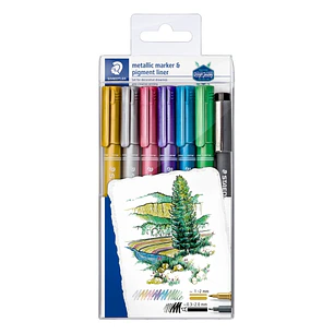 Staedtler Metallic Pen Pack de 6 Rotuladores de Punta Fina Trazo 1 - 2mm + Rotulador Pigment Liner Trazo 0.3 - 2mm - Tinta Base de Agua - Colores Surt