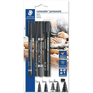 Staedtler Lumocolor Permanent Pack con 4 Rotuladores Permanentes - Diferentes Puntas - Resistente al Agua - Recargables - Color Negro