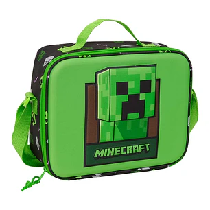 Safta Minecraft Bolsa Isotermica Porta Alimentos - Frontal 3D - Cremallera - Bandolera Ajustable - Asa de Mano - 25x19.5x9cm - Color Verde y Negro
