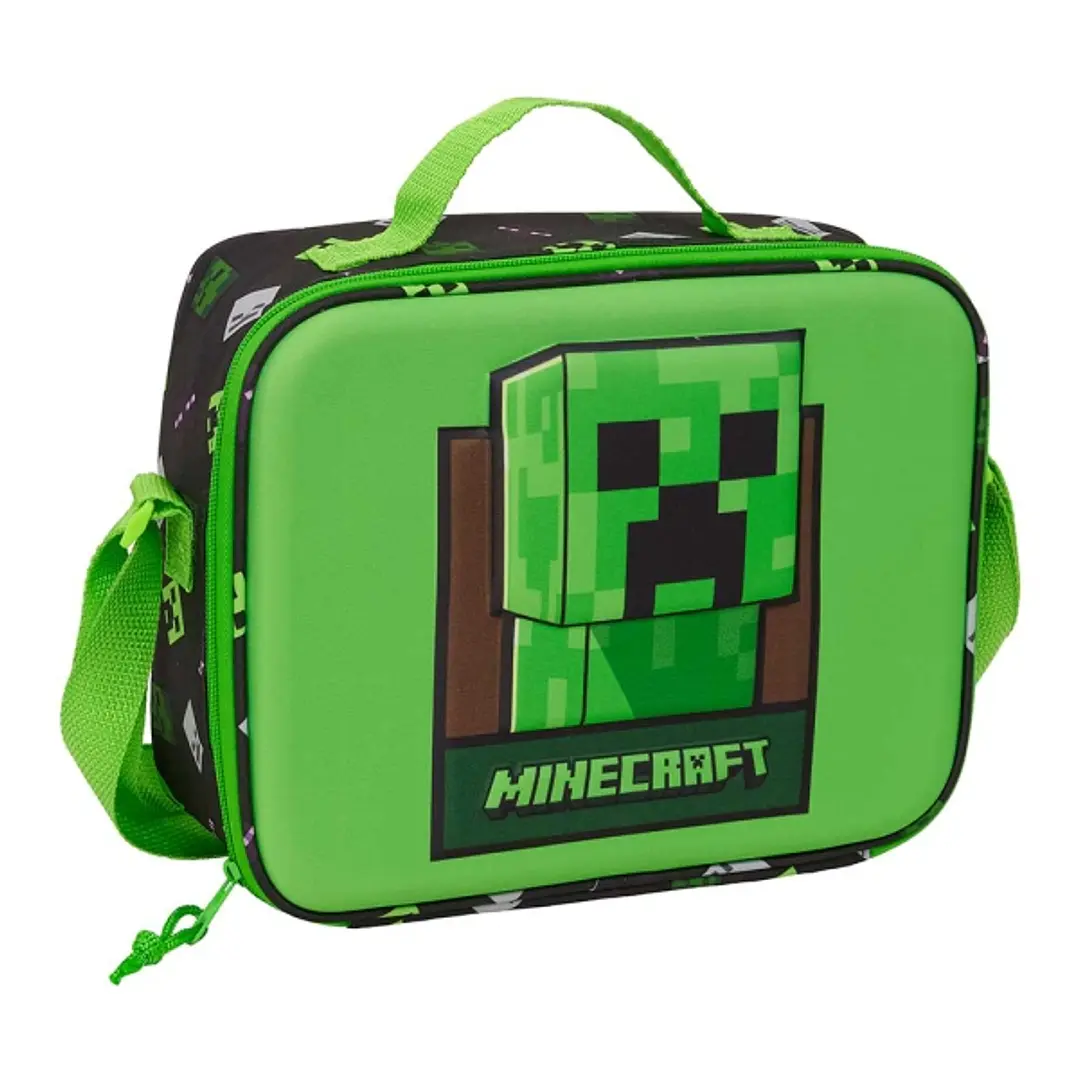 Safta Minecraft Bolsa Isotermica Porta Alimentos - Frontal 3D - Cremallera - Bandolera Ajustable - Asa de Mano - 25x19.5x9cm - Color Verde y Negro 1
