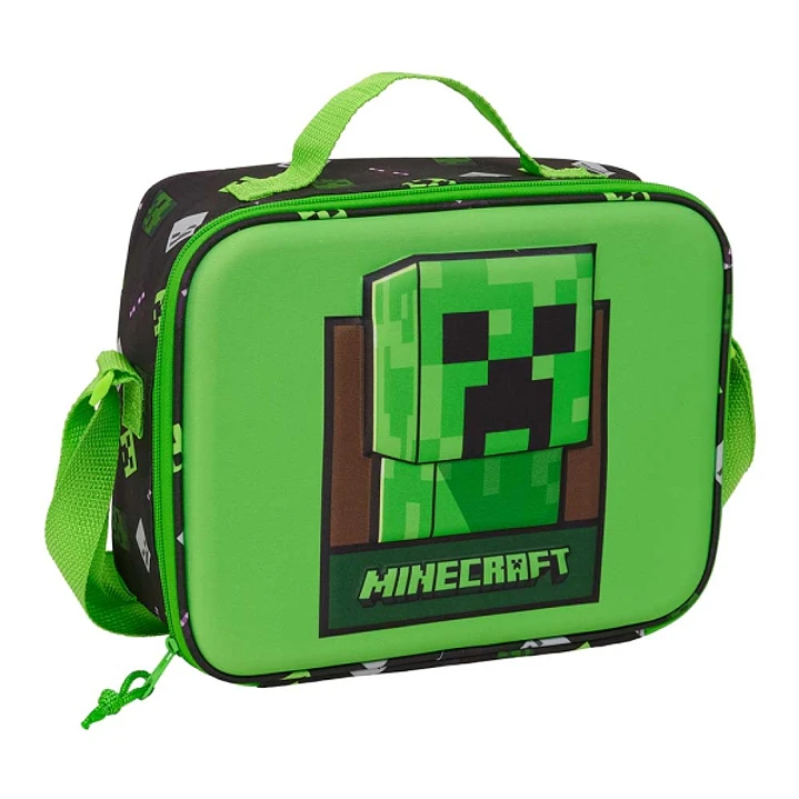 Safta Minecraft Bolsa Isotermica Porta Alimentos - Frontal 3D - Cremallera - Bandolera Ajustable - Asa de Mano - 25x19.5x9cm - Color Verde y Negro 1