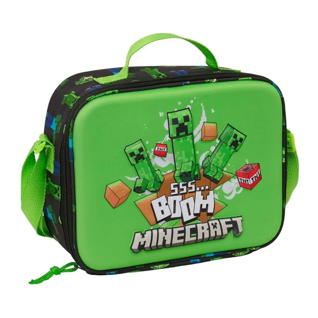 Safta Minecraft Boom Bolsa Isotermica Porta Alimentos - Frontal 3D - Cremallera - Bandolera Ajustable - Asa de Mano - 25x19.5x9cm - Color Verde y Negr 1