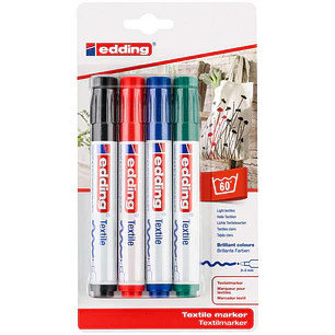 Edding 4500 Pack de 4 Rotuladores Permanentes para Textil - Punta Redonda - Trazo 2-3mm - Olor Neutro - Secado Rapido - Colores Negro, Verde, Rojo y A