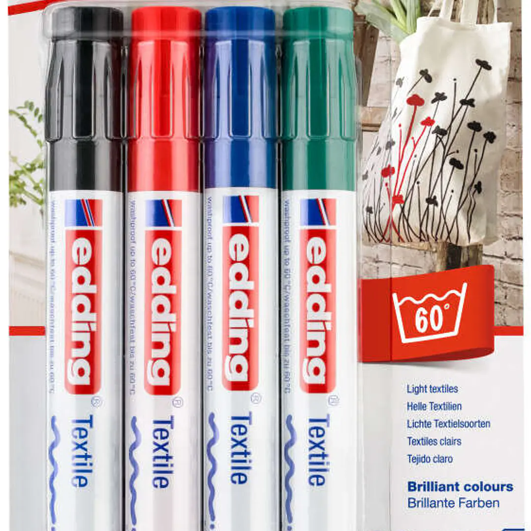 Edding 4500 Pack de 4 Rotuladores Permanentes para Textil - Punta Redonda - Trazo 2-3mm - Olor Neutro - Secado Rapido - Colores Negro, Verde, Rojo y A 1