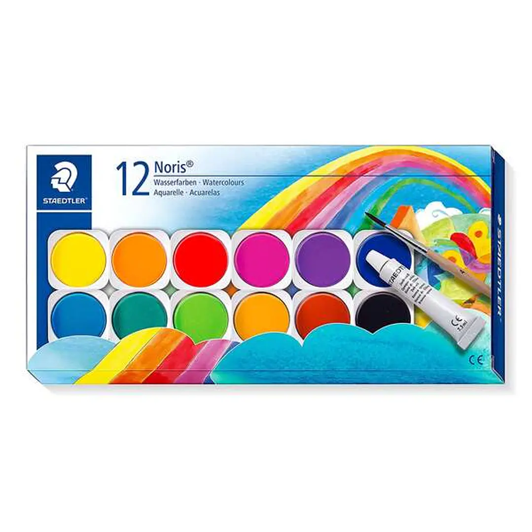 Staedtler Noris 888 12 Pastillas de Acuarela + Tubo Zinc Blanco + Pincel - Mezclables entre si - Colores Surtidos 1