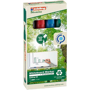 Edding 29 EcoLine Pack de 4 Rotuladores para Pizarra Blanca - Punta Biselada - Trazo entre 1-5mm - 90% de Plastico Reciclado - Borrado en Seco - Color