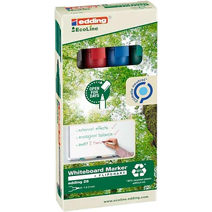 Edding 28 EcoLine Pack de 4 Rotuladores para Pizarra Blanca - Punta Redonda - Trazo 1.5-3mm - 90% de Plastico Reciclado - Borrado en Seco - Colores Su