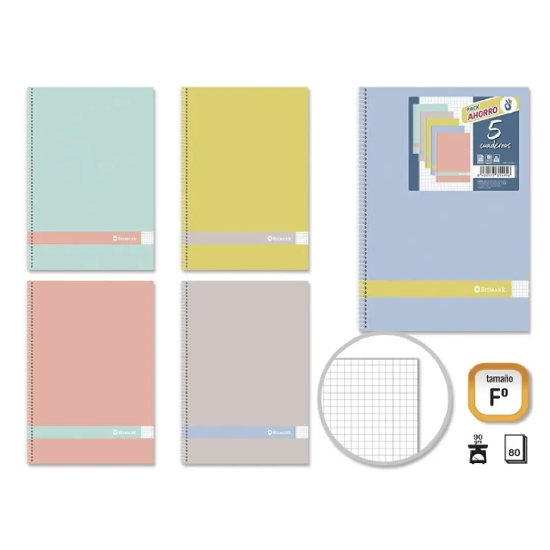 Golden Morandi Pack de 5 Cuadernos Espiral Folio 80 Hojas 90grs Cuadricula 4x4 - Tapa Blanda con Cantos Redondeados - Colores Morandi Surtidos 1