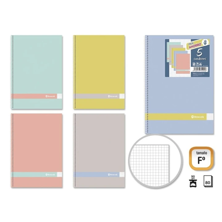 Golden Morandi Pack de 5 Cuadernos Espiral Folio 80 Hojas 90grs Cuadricula 4x4 - Tapa Blanda con Cantos Redondeados - Colores Morandi Surtidos 1