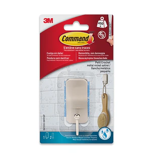 Command Gancho Compacto para Aseo - Resistente al Agua - 1 Unidad - 2 Tiras Adhesivas - Soporta hasta 450G - Talla S - Color Niquel Satinado