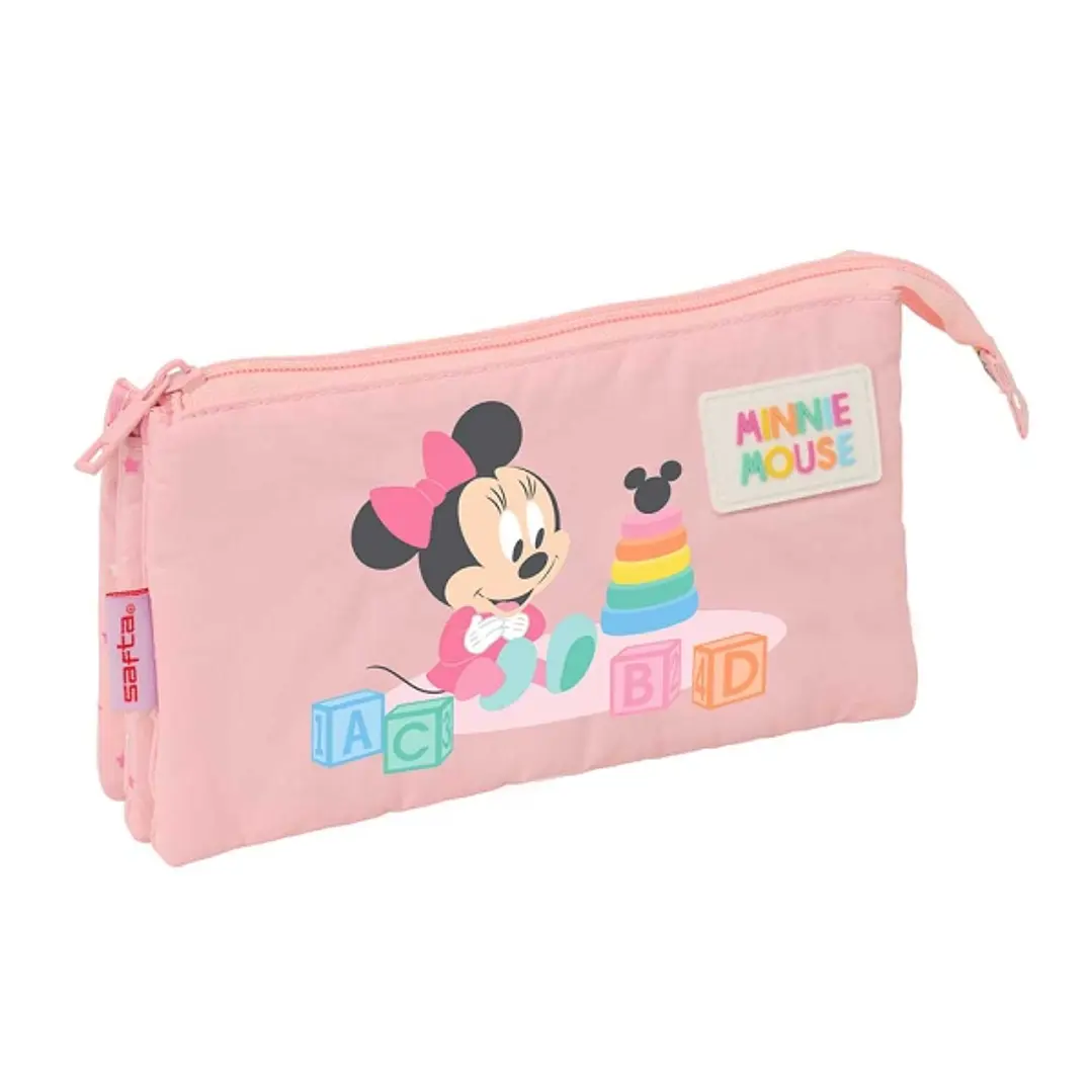 Safta Minnie Mouse Baby Portatodo - 3 Compartimentos con Cremallera - Bolsillo Interior Central - 22x12x3cm - Color Rosa Pastel 1
