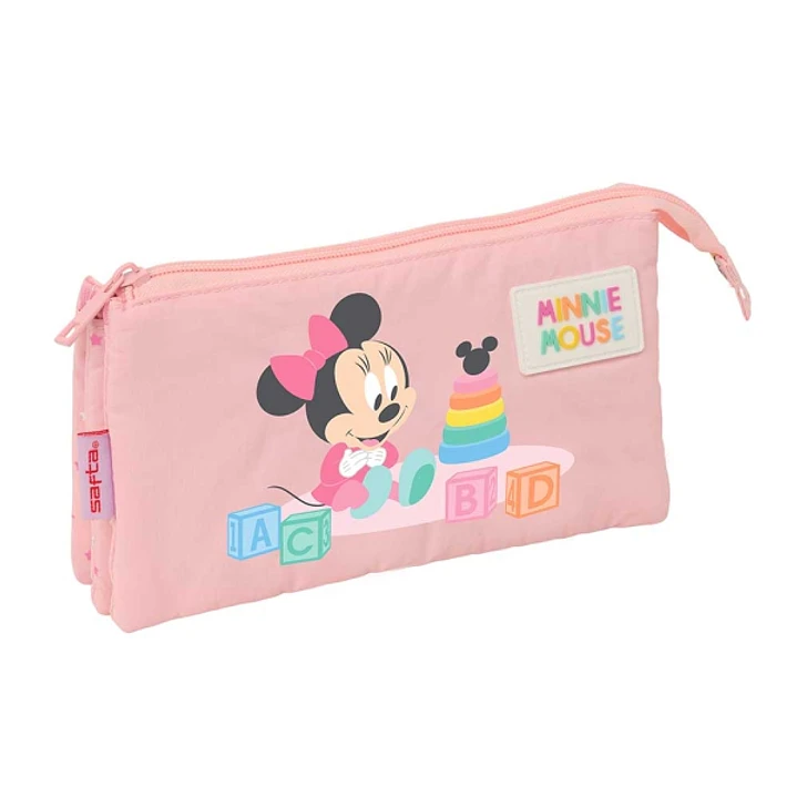 Safta Minnie Mouse Baby Portatodo - 3 Compartimentos con Cremallera - Bolsillo Interior Central - 22x12x3cm - Color Rosa Pastel 1