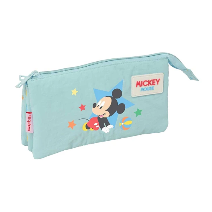 Safta Mickey Mouse Baby Portatodo - 3 Compartimentos con Cremallera - Bolsillo Interior Central - 22x12x3cm - Color Azul Pastel 1