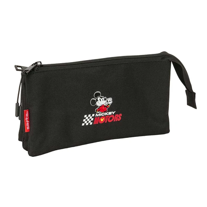Safta Mickey and Friends Racing - Teen Portatodo - 3 Compartimentos con Cremallera - Bolsillo Interior Central - 22x12x3cm - Color Negro 1