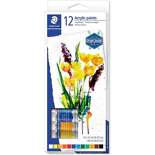 Staedtler 8500 Pack de 12 Tubos de Pintura Acrilica - Facil de Mezclar - Para Amplia Variedad de Superficies - Colores Surtidos