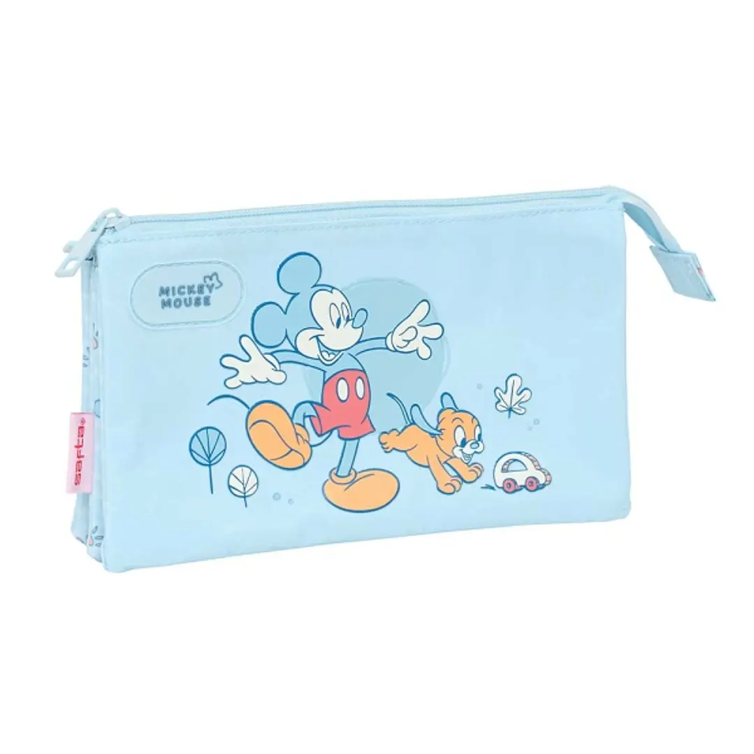 Safta Mickey Mouse Baby Portatodo - 3 Compartimentos con Cremalleras - Bolsillo Interior - 0.6L - 220x30x120mm - Color Azul Claro 1