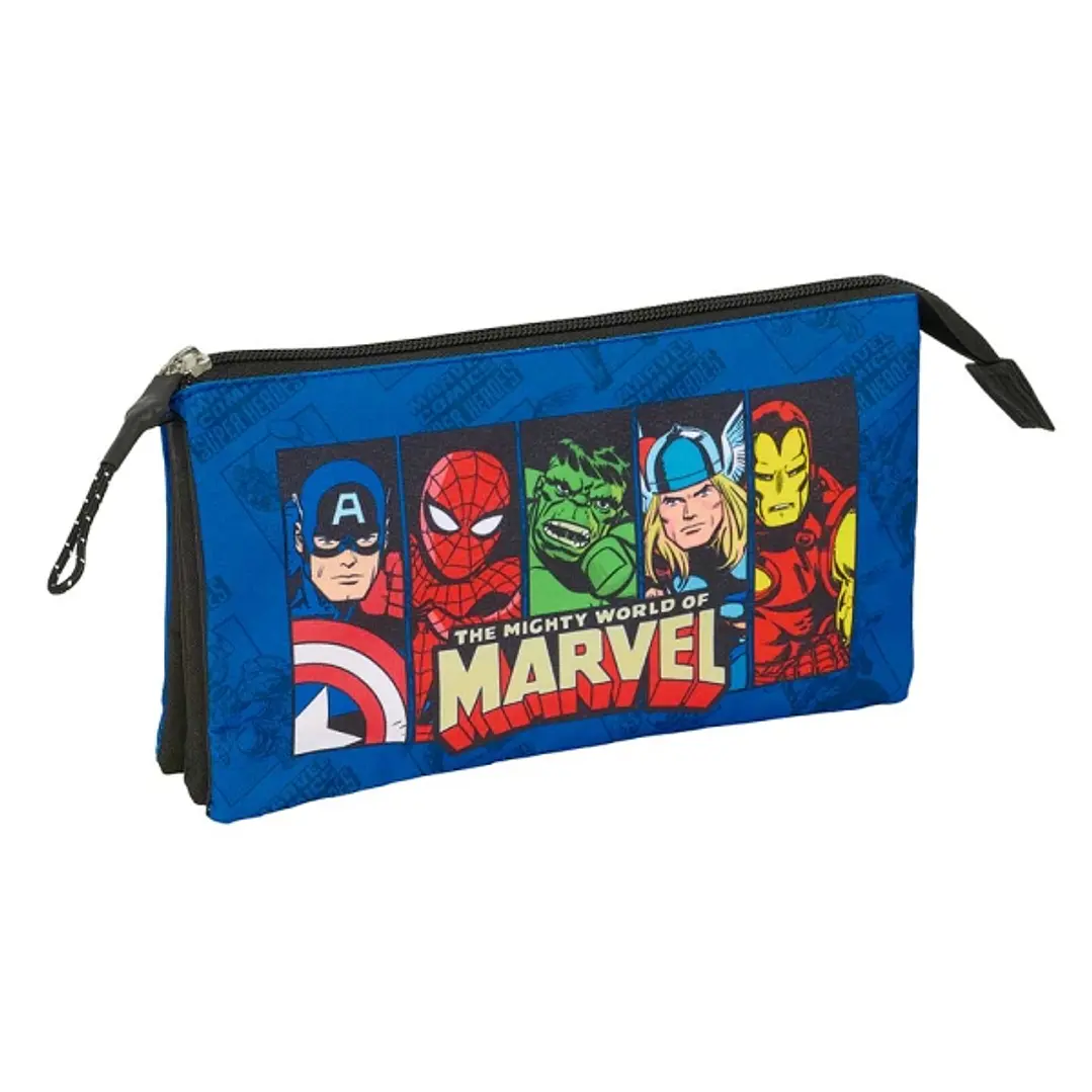 Safta Avengers Portatodo - 3 Compartimentos con Cremalleras - Bolsillo Interior - 0.60L - 220x30x120mm - Color Azul Oscuro 1