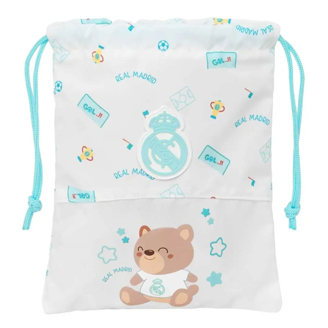 Safta Real Madrid Preescolar Saquito para Merienda - Cierre con Cordon - Compacto - 20x25cm - Color Blanco 1